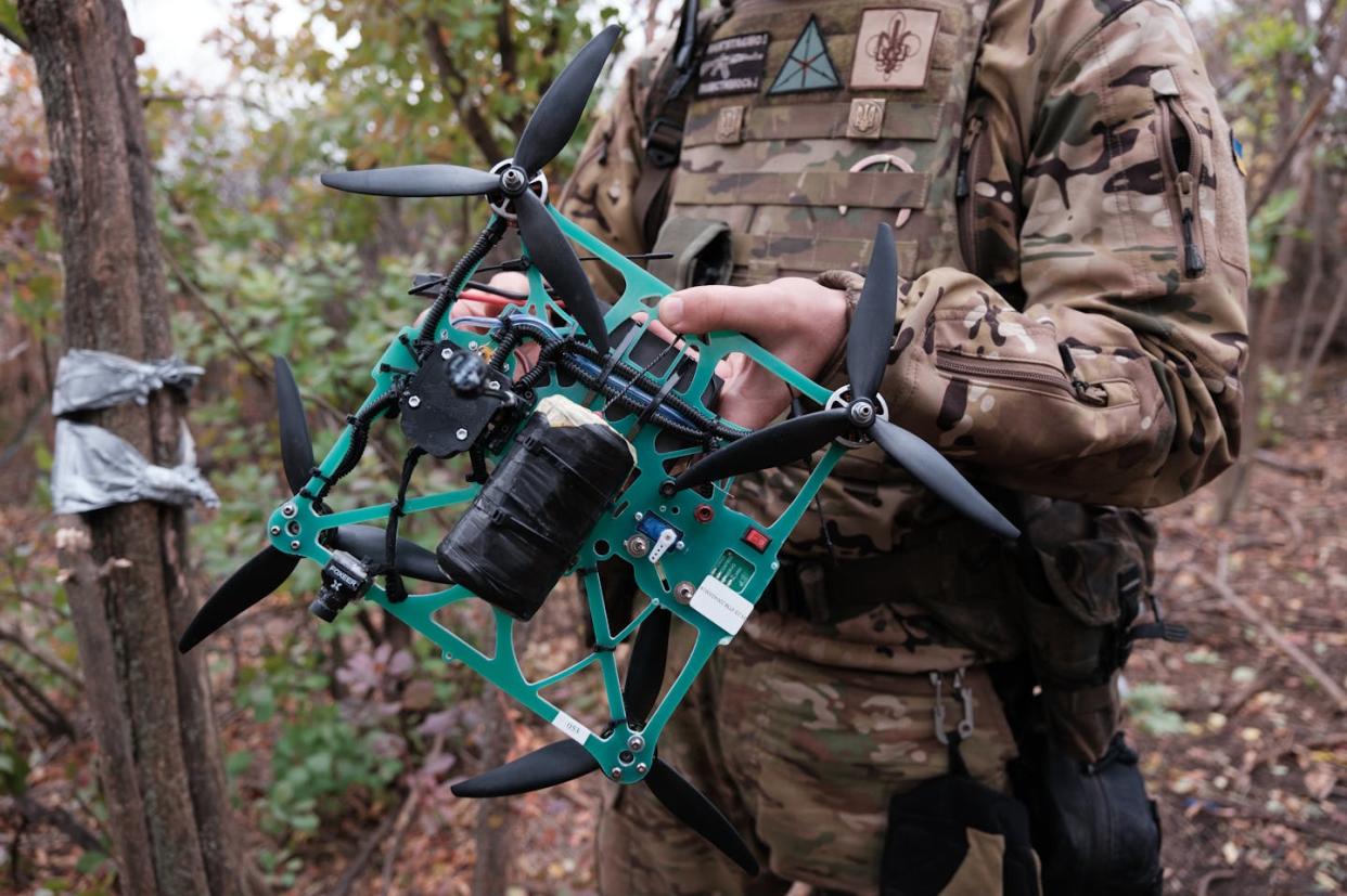 Small, cheap, explosives-laden drones have become ubiquitous in the war in Ukraine. <a href="https://www.gettyimages.com/detail/news-photo/serviceman-of-separate-14th-regiment-of-armed-forces-of-news-photo/1772255302" rel="nofollow noopener" target="_blank" data-ylk="slk:Vitalii Nosach/Global Images Ukraine via Getty Images;elm:context_link;itc:0;sec:content-canvas" class="link ">Vitalii Nosach/Global Images Ukraine via Getty Images</a>
