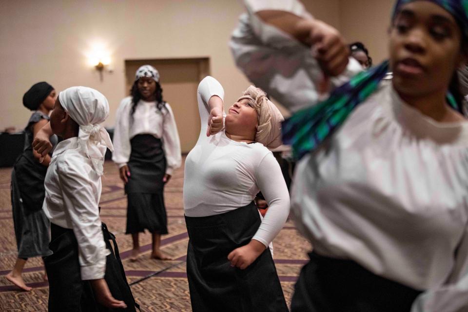 Pageant contestants practice their dance routine before the Delaware Juneteenth Family Enrichment Program and Pageant at the DoubleTree Hilton Hotel Downtown in Wilmington on June 13, 2021.. 