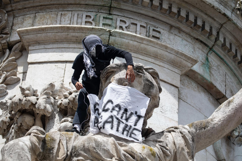 PARIS, FRANCE - JUNE 13, 2020:  Paris riot police fired tear gas to disperse a largely peaceful but unauthorised protest supporting the movement Black Lives Matter protest against brutality and racism near Place de la Republique. Gatherings of more than 10 people are currently banned in France due to coronavirus containment measures.  PHOTOGRAPH BY Abdulmonam Eassa / Barcroft Studios / Future Publishing (Photo credit should read Abdulmonam Eassa/Barcroft Media via Getty Images)