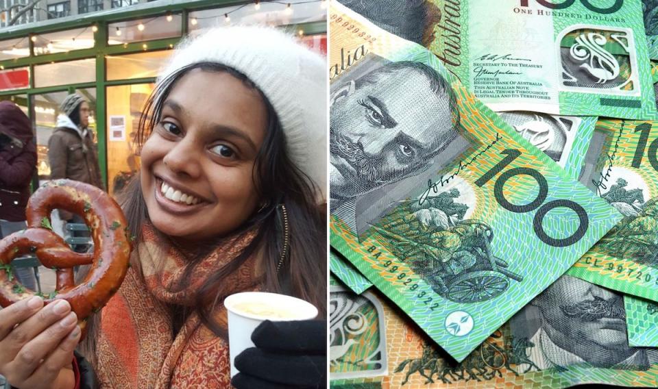 Compilation image of Sandy with a pretzel and woolly hat with an image of $100 Australian dollar money notes