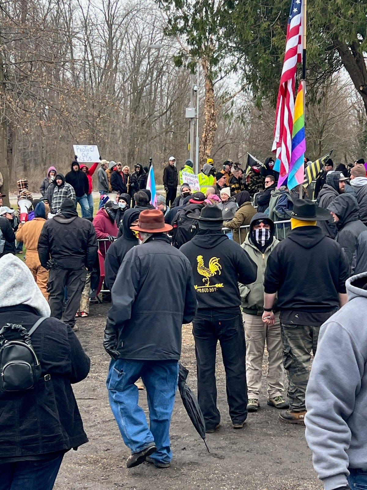 Dozens of people demonstrate at the "Rock-n-Roll Humanist Drag Queen Story Hour" in March at Memorial Park in Wadsworth, Ohio. One of the groups that showed up was the neo-Nazi Blood Tribe, which now claims to have started an Ohio-based chapter.