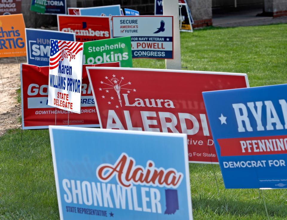 Candidate signs, including those for State Representative candidates Alaina Shonkwiler and Laura Alerding, line the walkway up to the Hamilton County Fairgrounds polling site for voters to see before early voting Tuesday, April 16, 2024 in Noblesville. The primary election is on May 7, 2024.