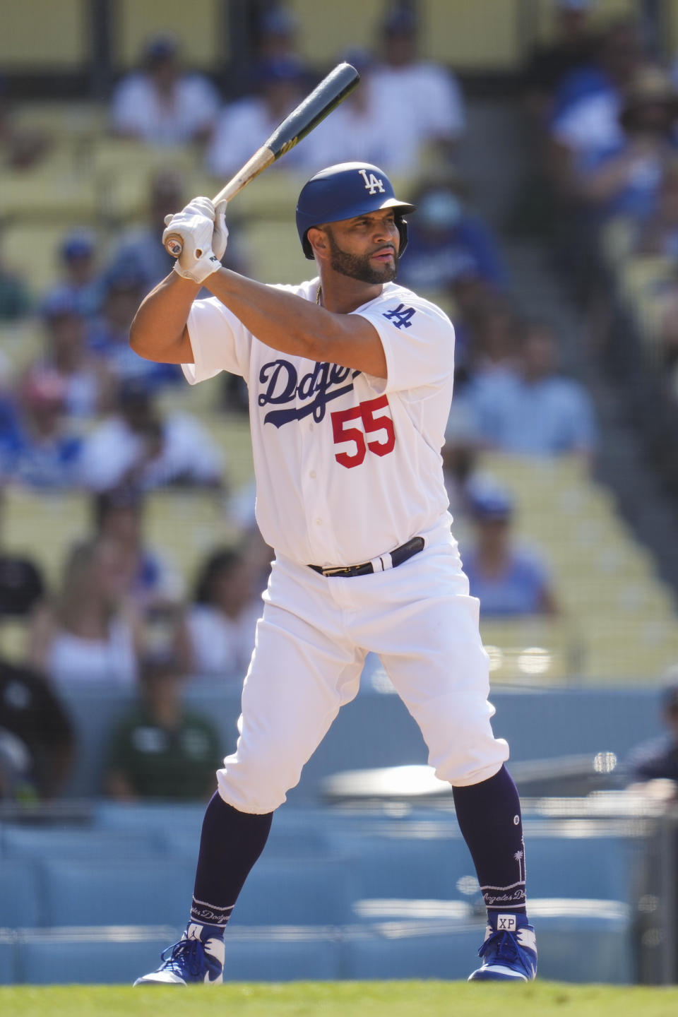 Los Angeles Dodgers first baseman Albert Pujols (55) steps up to bat during the ninth inning of a baseball game against the Arizona Diamondbacks Sunday, July 11, 2021, in Los Angeles. (AP Photo/Ashley Landis)