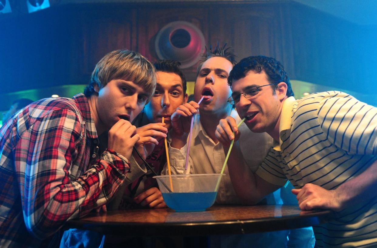 James Buckley, Blake Harrison, Joe Thomas and Simon Bird in The Inbetweeners Movie.