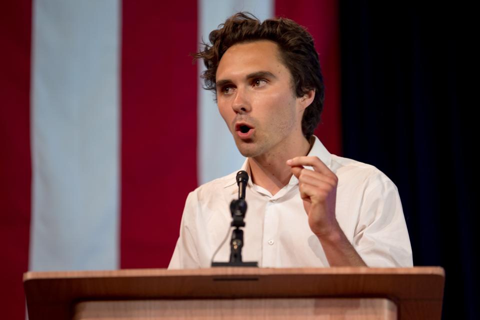 David Hogg, American gun control activist, speaks during the Texas Democratic Party Convention in El Paso, Texas, at the El Paso Convention Center on Friday, June 7, 2024.