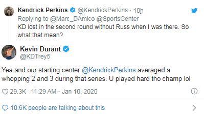 Perkins意外釣出Durant回嗆。（圖／翻攝自推特）
