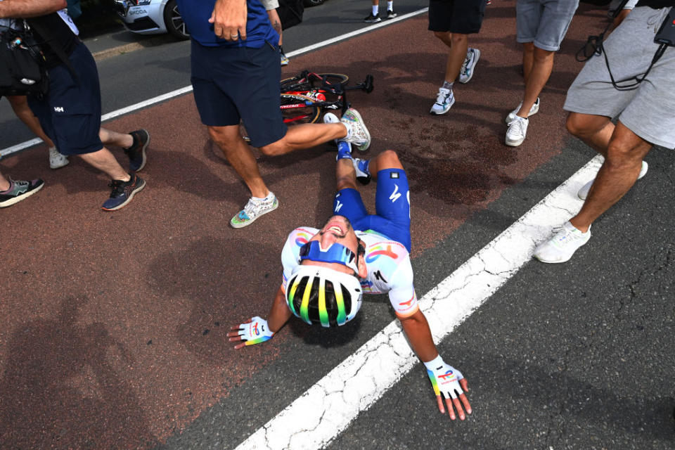 BELLEVILLEENBEAUJOLAIS FRANCE  JULY 13 Mathieu Burgaudeau of France and Team TotalEnergies reacts after the stage twelve of the 110th Tour de France 2023 a 1688km stage from Roanne to Belleville en Beaujolais  UCIWT  on July 13 2023 in Belleville en Beaujolais France Photo by Tim de WaeleGetty Images