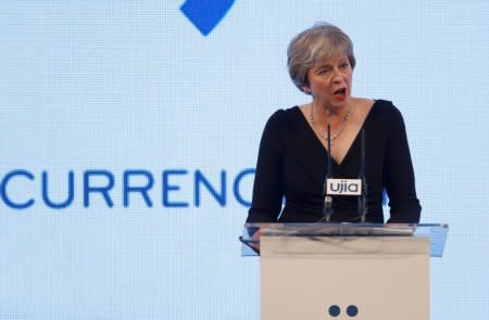 Britain's Prime Minister Theresa May speaks at the United Jewish Israel Appeal charity dinner in London, Britain, September 17, 2018. REUTERS/Peter Nicholls/Pool