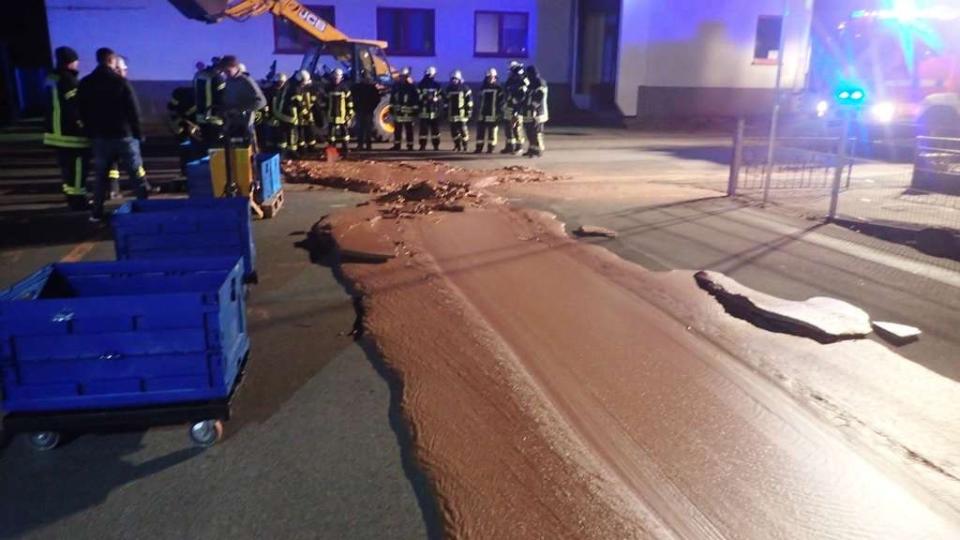 <p>River of chocolate overflowing from nearby factory closed a road in western Germany</p>