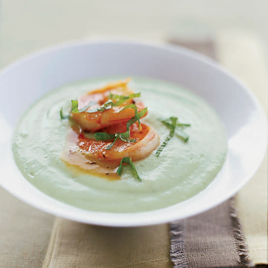 Chilled Cucumber-Avocado Soup with Spicy Glazed Shrimp