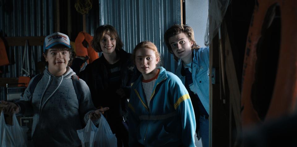 (L to R) Gaten Matarazzo as Dustin Henderson, Maya Hawke as Robin Buckley, Sadie Sink as Max Mayfield, and Joe Keery as Steve Harrington in season 4 of Stranger Things.