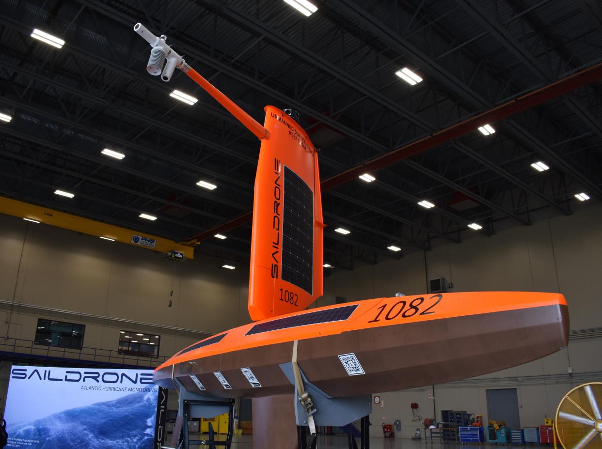 A Saildrone explorer on display at NOAA's Aircraft Operations Center in Lakeland, Florida in 2023.
