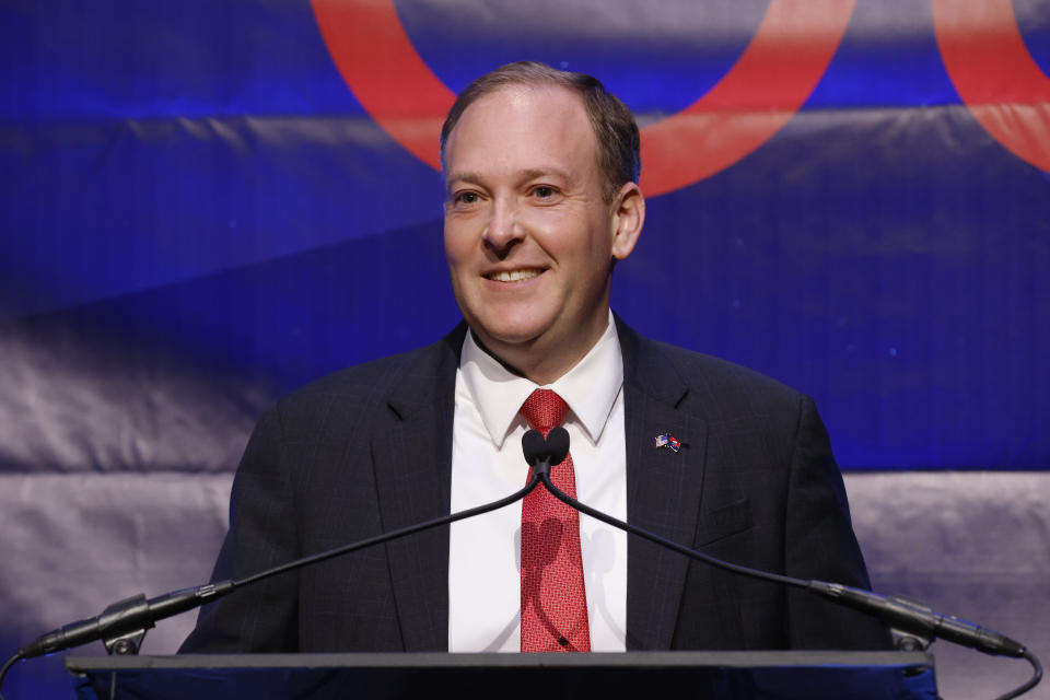 Republican gubernatorial candidate Lee Zeldin addresses supporters at his election night party, just after midnight on Wednesday, Nov. 9, 2022, in New York. (AP Photo/Jason DeCrow)