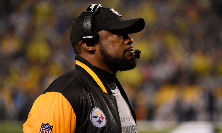 A closeup of Pittsburgh Steelers coach Mike Tomlin.