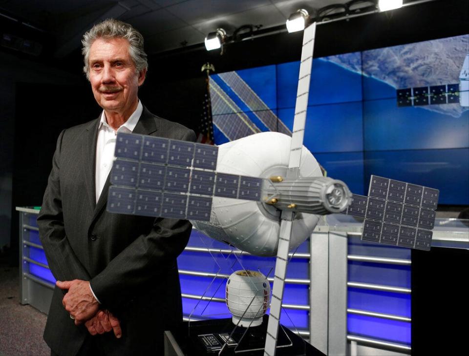 Robert Bigelow, founder and president of Bigelow Aerospace, shows a model of an inflatable habitat that could be used for future space exploration, during a news conference at the Kennedy Space Center in Cape Canaveral, Fla. Bigelow donated $10 million to Gov. Ron DeSantis' reelection campaign, making him the governor's largest donor.
