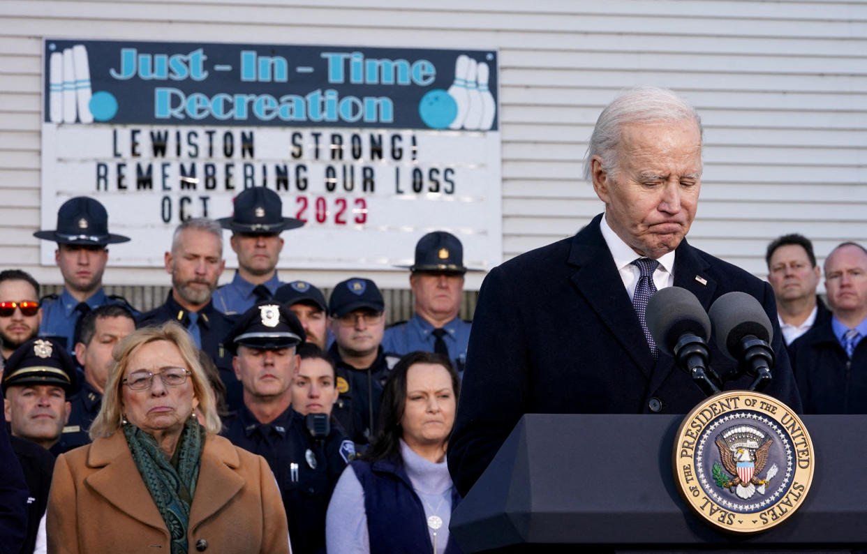 President Joe Biden delivers remarks in the wake of mass shootings as Maine Gov. Janet Mills listens in Lewiston, Maine, in November 2023. 