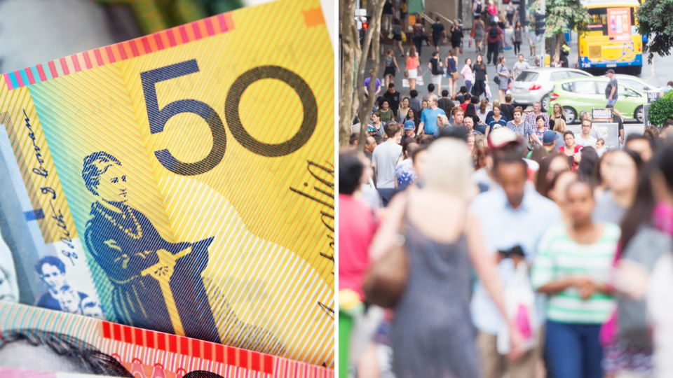 Australian $50 notes, crowded Australian street full of pedestrians. 