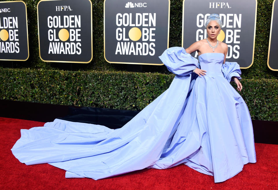 <p>A best actress nominee for her role in “A Star is Born,” Gaga arrived in a lavender look by Valentino. Image via Getty Images. </p>