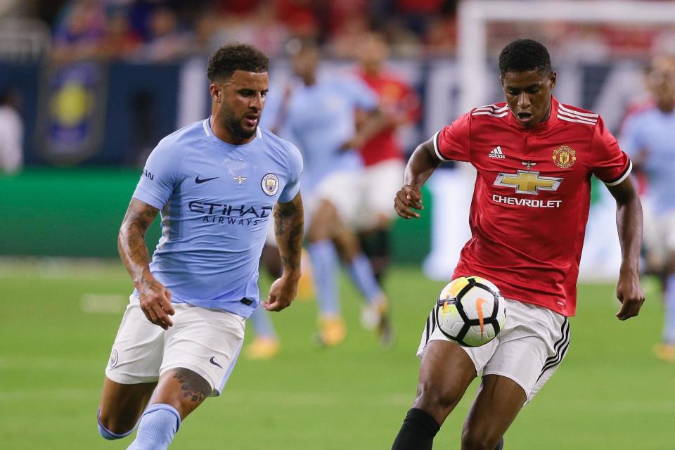 Debut: Kyle Walker made his debut for Man City in a 2-0 loss to Man Utd: Getty Images