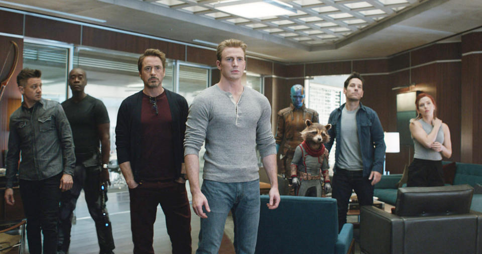 Jeremy Renner, Don Cheadle), Robert Downey Jr., Chris Evans,]Karen Gillan, Paul Rudd and Scarlett Johansson in 'Avengers: Endgame' (Film frame/Marvel Studios/Everett Collection)