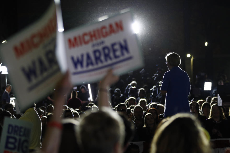 Sen. Elizabeth Warren, D-Mass., speaks during a primary election night rally on March 3, 2020, at Eastern Market in Detroit. (Patrick Semansky/AP)