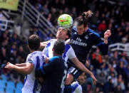 Football Soccer - Spanish Liga BBVA- Real Sociedad v Real Madrid - Anoeta, San Sebastian, Spain 30/4/16 Real Madrid's Gareth Bale heads the ball during match against Real Sociedad REUTERS/Vincent West