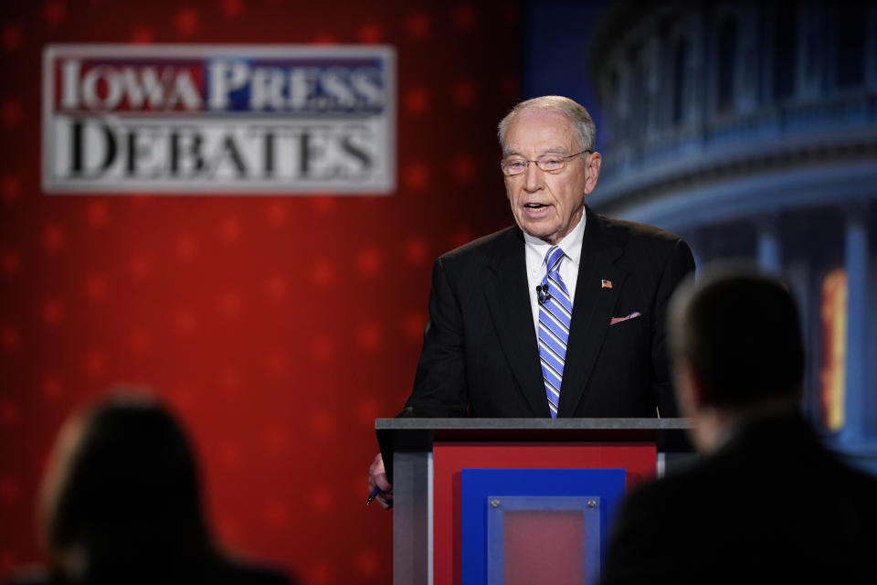 U.S. Sen. Chuck Grassley, R-Iowa, speaks during his debate with Iowa Democratic U.S. Senate candidate Mike Franken, Thursday, Oct. 6, 2022, in Des Moines, Iowa. (AP Photo/Charlie Neibergall)