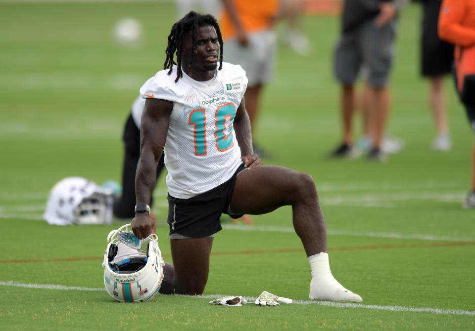 Miami Dolphins wide receiver Tyreek Hill (10) participates in training camp at Baptist Health Training Complex, Wednesday, July 27, 2022 in Miami Gardens.