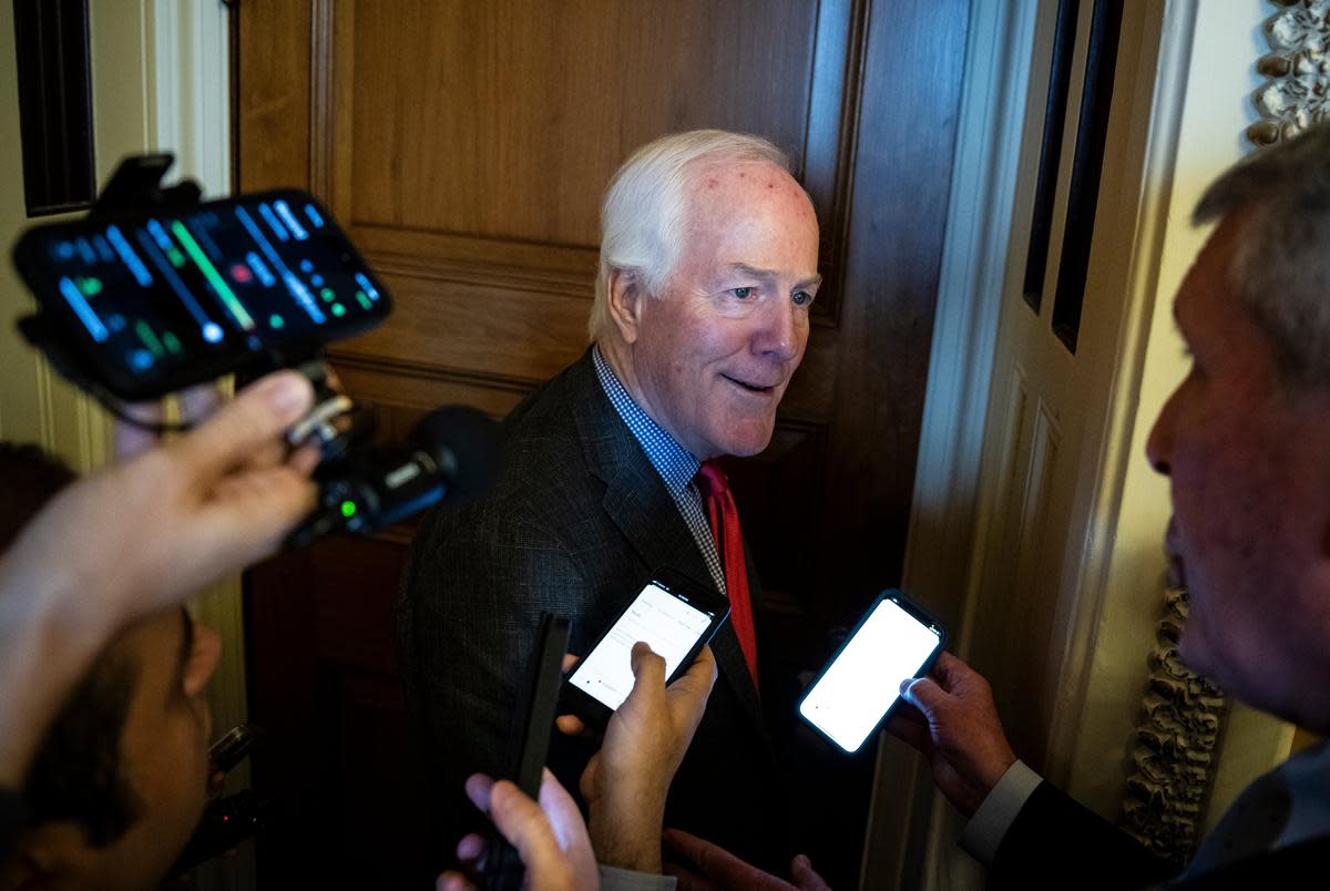 Senator John Cornyn (R-TX) speaks to media, after Republican Senate Leader McConnell announced his intentions to retire as Republican Leader after the November elections, at the U.S. Capitol, in Washington, D.C., on Wednesday, February 28, 2024.