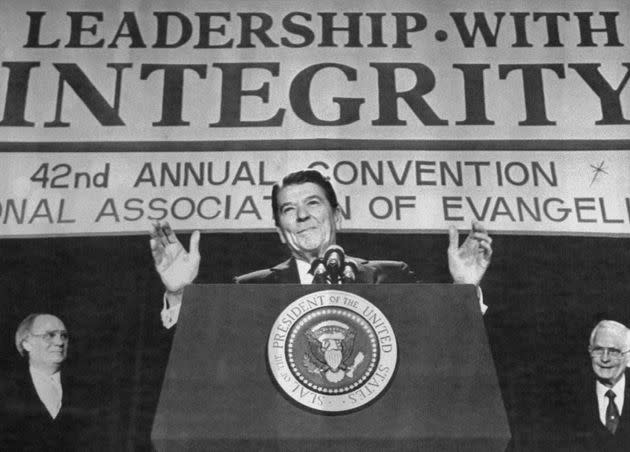 President Ronald Reagan speaks to the National Association of Evangelicals where he called for passage of amendments to outlaw abortion and make prayer a part of the school day for public school students. (Photo: Bettmann via Getty Images)