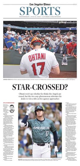 A picture of the L.A. Times sports section cover featuring pictures of Shohei Ohtani