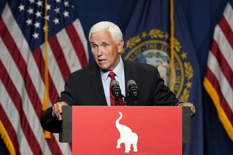 Former Vice President Mike Pence speaks at the annual Hillsborough County NH GOP Lincoln-Reagan Dinner, Thursday, June 3, 2021, in Manchester, N.H. (AP Photo/Elise Amendola)