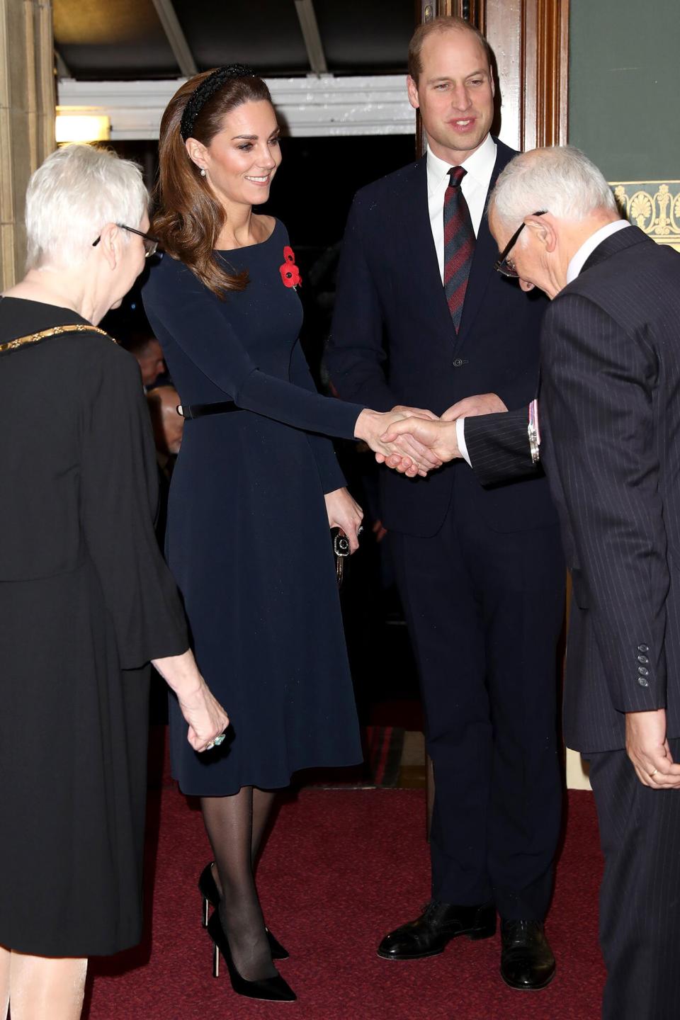 The Duchess of Cambridge wore a <a href="https://m.zara.com/uk/en/padded-rhinestone-headband-p00653231.html?v1=33838314&v2=1281588" rel="nofollow noopener" target="_blank" data-ylk="slk:black headband from Zara;elm:context_link;itc:0;sec:content-canvas" class="link ">black headband from Zara</a> to the Remembrance Service on Nov. 9, 2019, when she joined husband Prince William as well as Meghan Markle and Prince Harry.