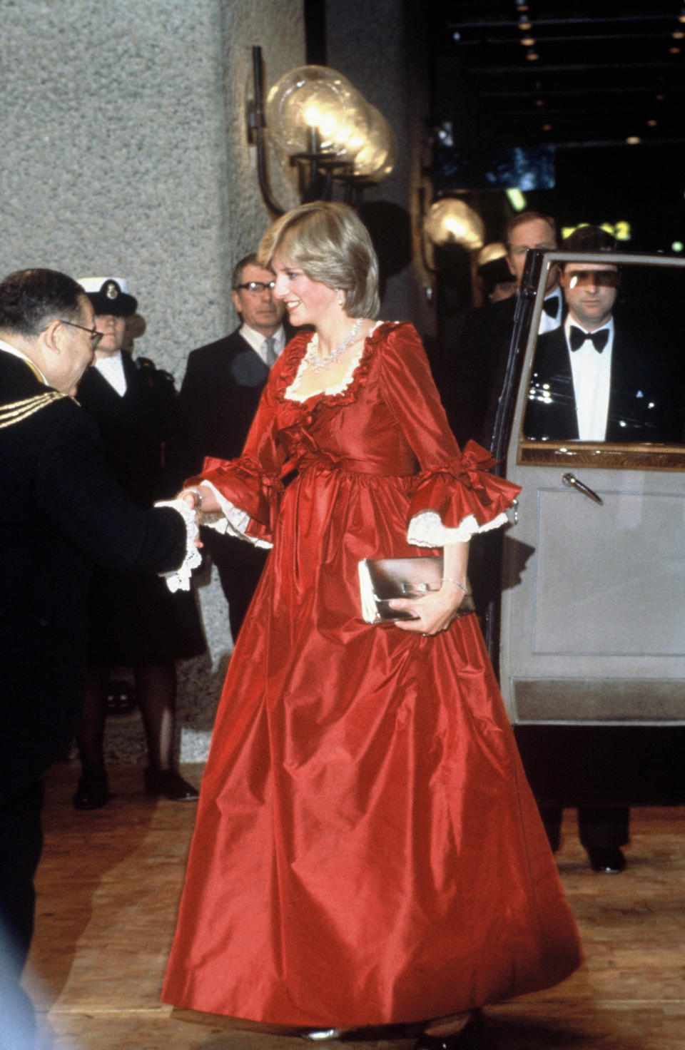 <p>Back in March 1982, Princess Diana demonstrated how to tackle red carpet maternity dressing in a vivid red David Sassoon gown for a trip to the Barbican in London. She was expecting Prince William at the time. <em>[Photo: Getty] </em> </p>