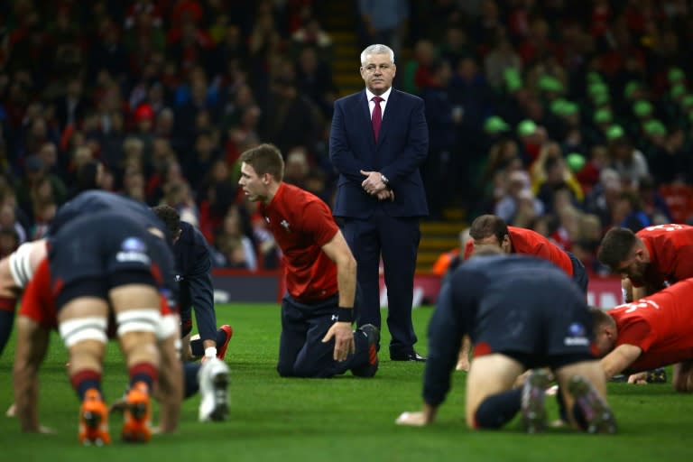 Wales' head coach Warren Gatland watches his players during a warm-up ahead of their rugby union Test match against Georgia, at Principality stadium in Cardiff, on November 18, 2017