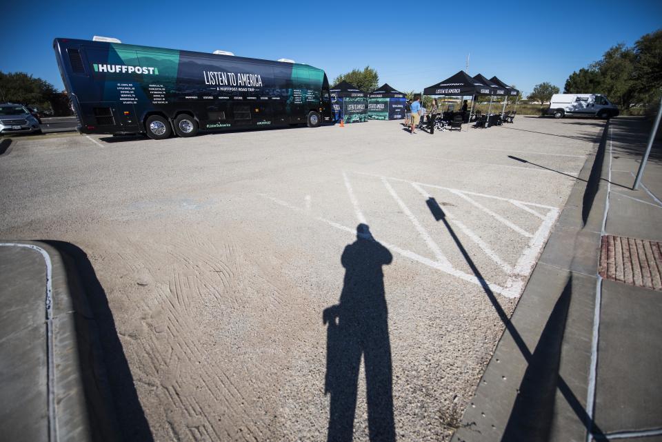 The "Listen To America" bus is set up during HuffPost's visit to Odessa.