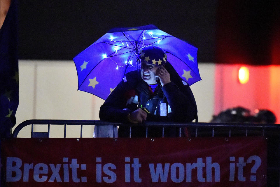 An anti-Brexit demonstrator holds an EU umbrella outside the Houses of Parliament in London, Britain, January 14, 2019. REUTERS/Clodagh Kilcoyne