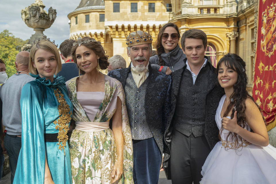 Left to right: Tallulah Greive, Minnie Driver, Pierce Brosnan, director Kay Cannon, Nicholas Galitzine and Camila Cabello star in “Cinderella.” - Credit: Courtesy of Christopher Raphael/Amazon