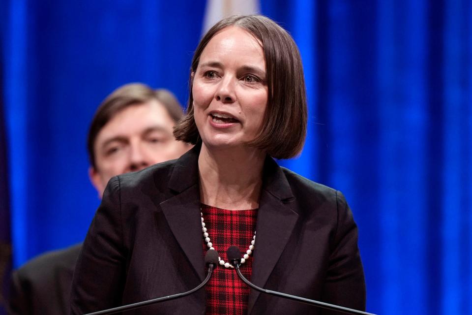 Maine Secretary of State Shenna Bellows speaks at an event, Jan. 4, 2023, in Augusta, Maine.