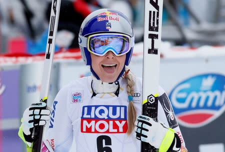 Alpine Skiing - Women's Alpine Skiing World Cup Super G - Val d´Isere, France - December 16, 2017 Lindsey Vonn of the U.S. reacts during the Women's Alpine Skiing World Cup REUTERS/Robert Pratta