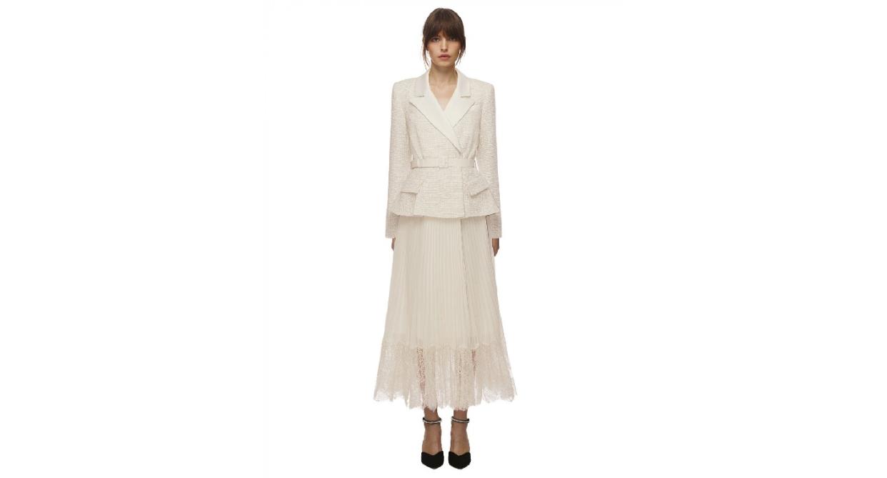 Cream Tailored Boucle And Chiffon Midi Dress  (Self-Portrait)