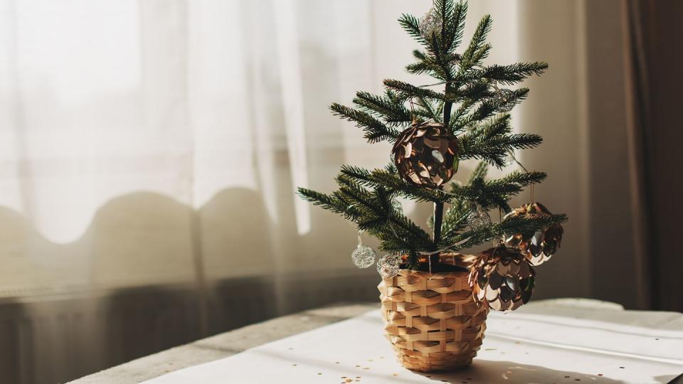 little christmas tree in a pot standing on a wooden tray on bed new year tree, fluffy plaid, candy canes and christmas garland lights on white bedding home christmas decor cozy modern bedroom