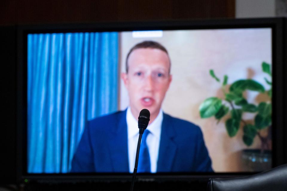 Mark Zuckerberg, Chief Executive Officer of Facebook, testifies remotely during the Senate Judiciary Committee hearing on 'Breaking the News: Censorship, Suppression, and the 2020 Election' on Capitol Hill on November 17, 2020 in Washington, DC. (Photo by Bill Clark / POOL / AFP) (Photo by BILL CLARK/POOL/AFP via Getty Images)