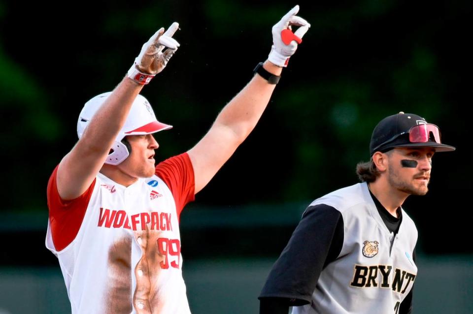 N.C. State’s Alec Makarewicz (99) celebrates hitting a double during N.C. State’s 9-2 victory against Bryant in the NCAA Raleigh Regional at Doak Field on Friday, May 31, 2024.