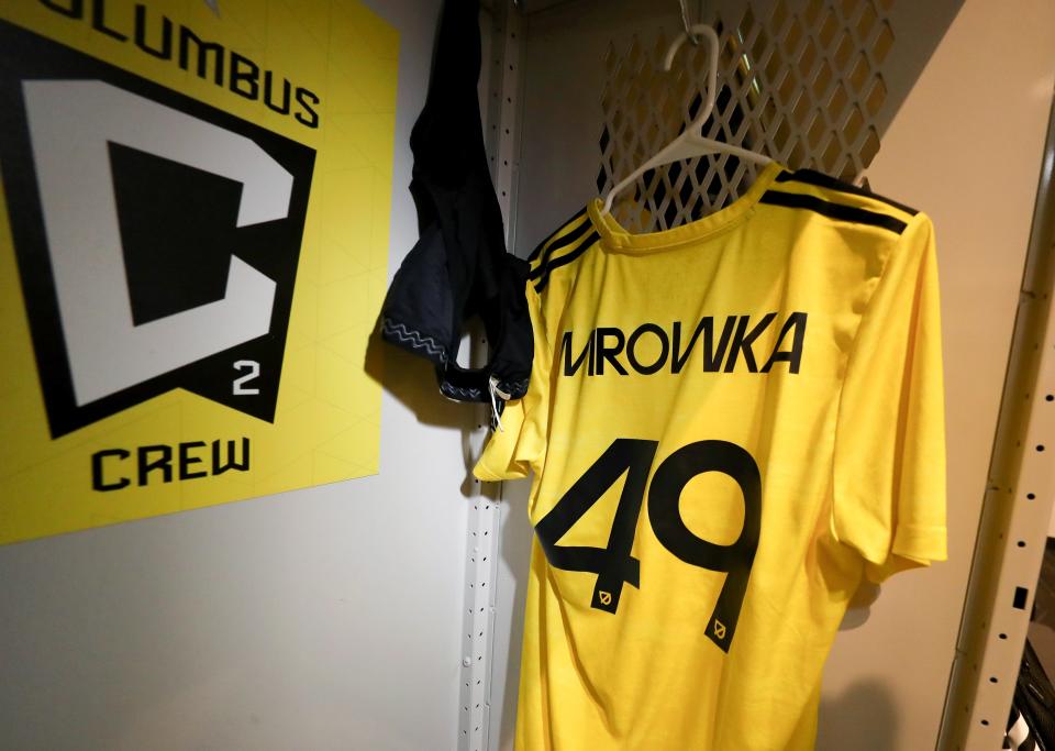 Oct 22, 2023; Columbus, OH, USA; Columbus Crew 2 midfielder Cole Mrowka (49) kit in the locker room before the game against Austin FC II at Lower.com Field. Mandatory Credit: Joseph Maiorana-USA TODAY Sports