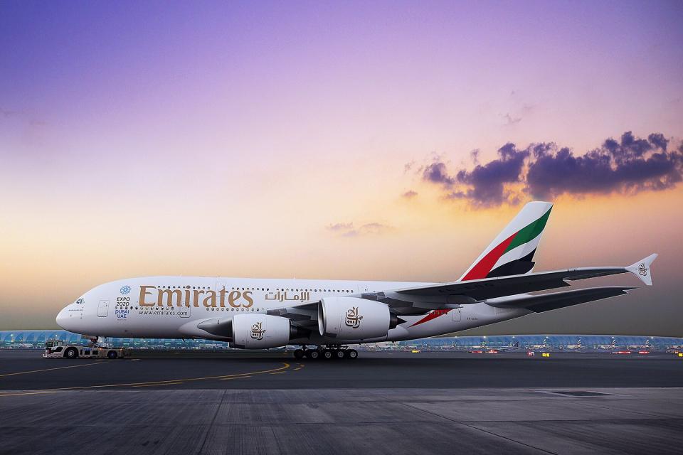 An Emirates Airbus A380 on an tarmac