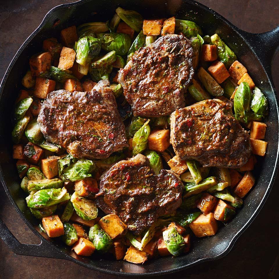 Strip Steaks with Smoky Cilantro Sauce & Roasted Vegetables