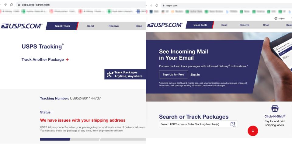 two similar looking websites are seen side by side: a fake USPS site and the real one