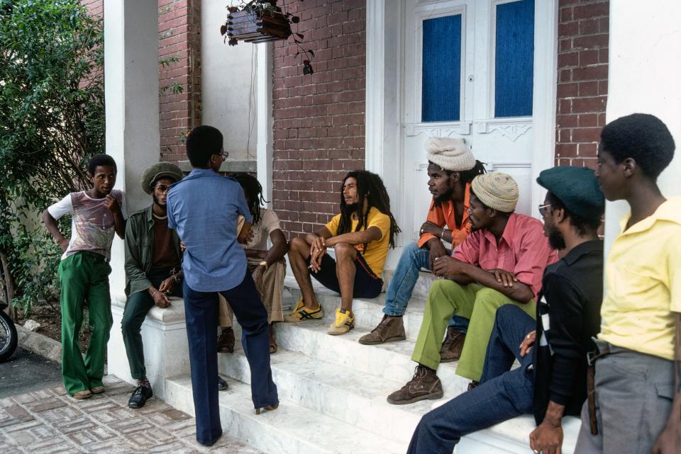 Bob Marley and friends in front of Marley's house at 56 Hope Road, 1979