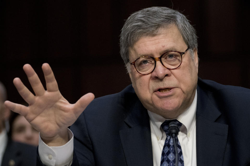 Attorney General nominee William Barr testifies during a Senate Judiciary Committee hearing on Capitol Hill in Washington, Tuesday, Jan. 15, 2019. Barr will face questions from the Senate Judiciary Committee on Tuesday about his relationship with Trump, his views on executive powers and whether he can fairly oversee the special counsel's Russia investigation. Barr served as attorney general under George H.W. Bush. (AP Photo/Carolyn Kaster)